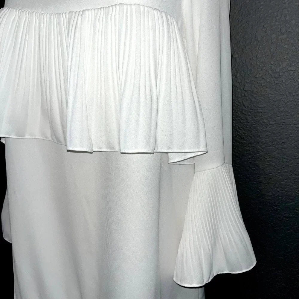 HAILEY Multi Layer Pleated Ruffle Long Sleeve White Crepe Chandelier Dress EUC M - Picture 3 of 10